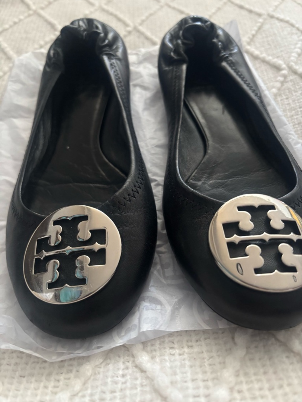 Tory Burch Black Leather Logo Round-Toe Ballet Flats